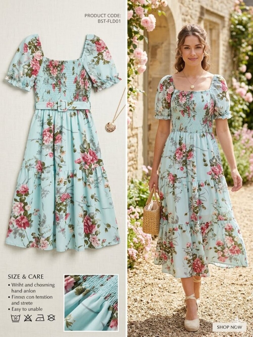 Pastel Light Mint Floral Smocked Bodice Puff Sleeve Midi Dress - Size S